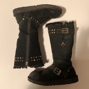 UGG Girls Black Shearling Lined Tall Boots With Metallic Embellishments, Size 4